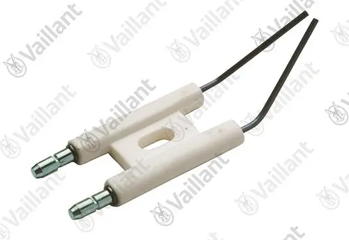 Vaillant Elektrode mit zwei Anschlussklemmen und zwei Drähten, gestaltet für die Zündung in einem Ölbrenner.